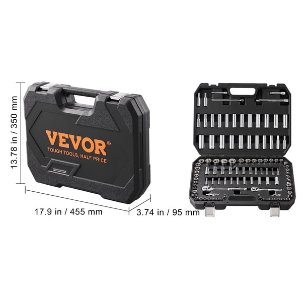 VEVOR 106-Piece 1/4" & 3/8" Drive Socket Set - SAE & Metric, Deep & Standard, CR-V Steel With Ratchet & Storage Case