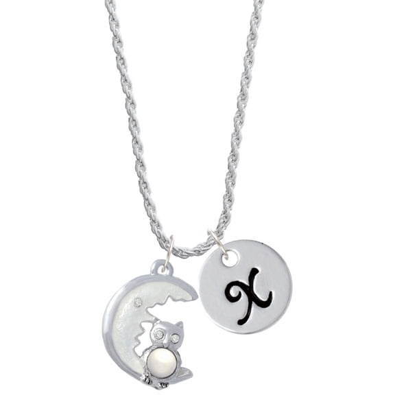 Delight Jewelry Silvertone Large Imitation Pearl Owl Sitting on White Moon Silvertone Script Initial Disc - X - Charm Necklace, 20"+3"