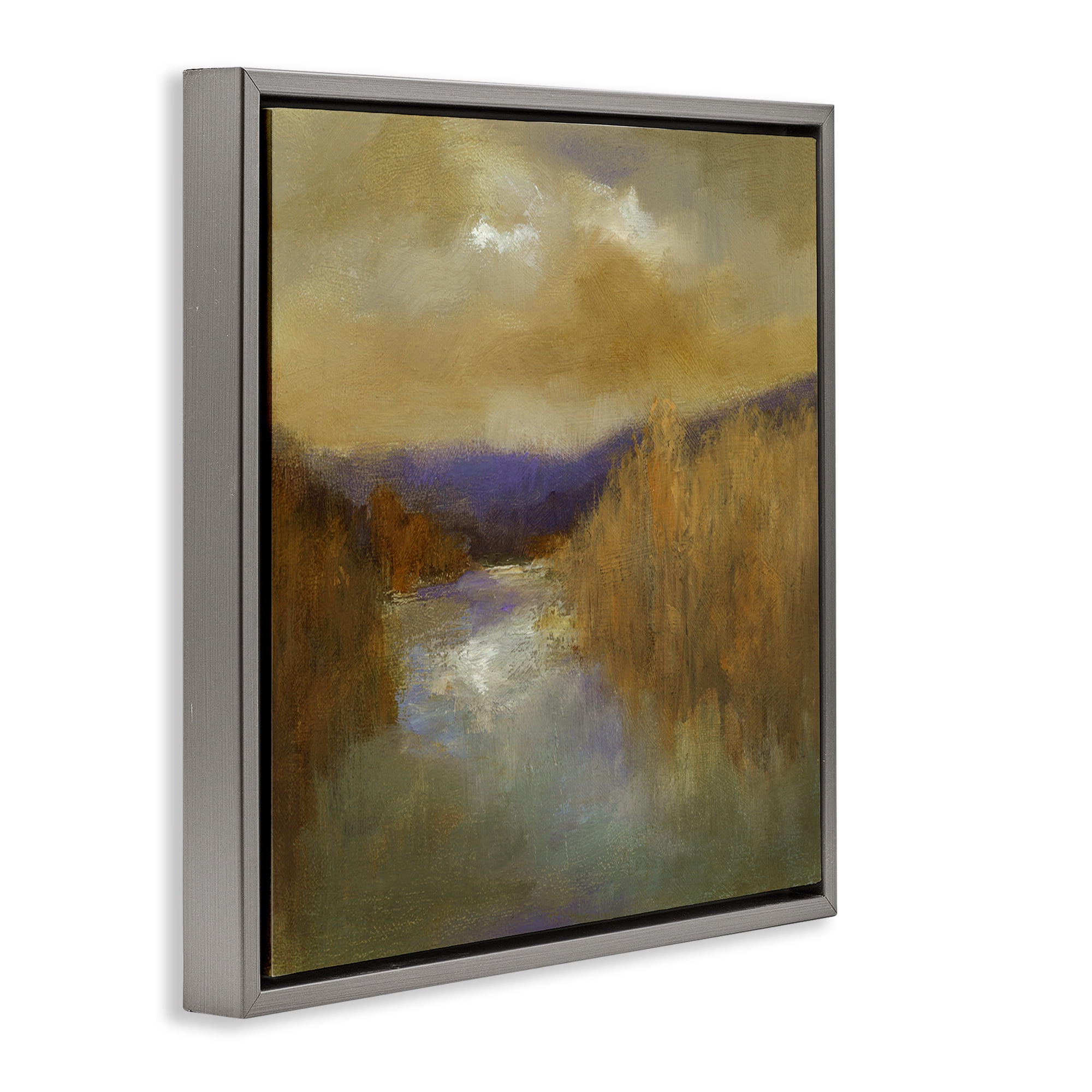 Stupell Industries Moody Shadowed River Landscape & Nature Painting Gray Floater Framed Canvas Art Print Wall Art, 25 x 25