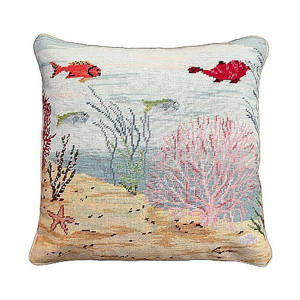 Throw Pillow Needlepoint Ocean Sea Life Coral Reef Right 18x18 Wool