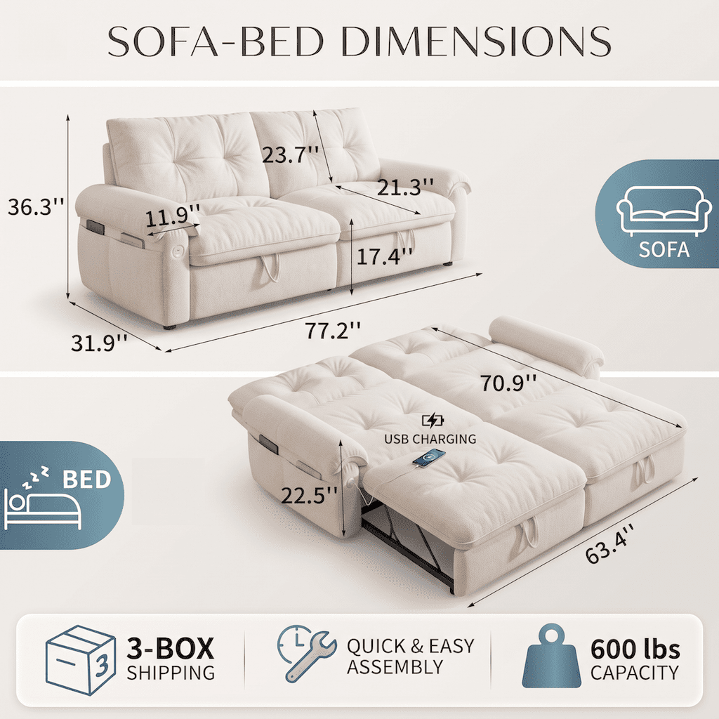 Xiweot Convertible Sleeper Sofa Bed, 77" Queen Size Pull Out Couch with Side Pocket, Adjustable Backrest & USB Ports, Comfy Velvet Loveseat for Living Room Apartment Small Space (Beige)