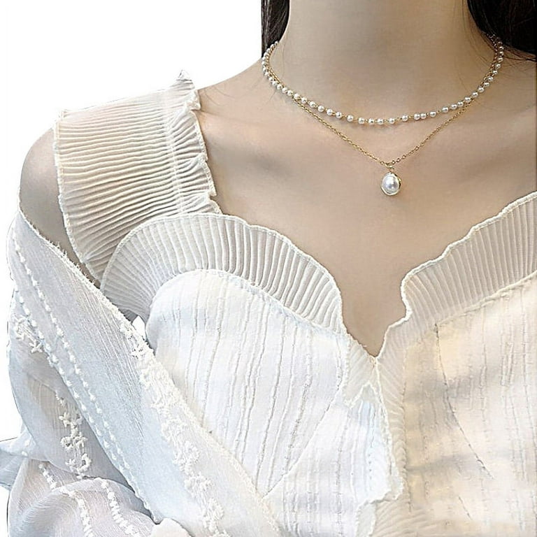 Women Artificial Pearl Necklace with Pendant, Multi-layer Neck Accessories  with Adjustable Chain, Silver/ Golden