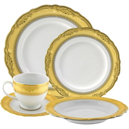 Gold Dot Dinnerware 10 Strawberry Street Vanessa Gold 20-Piece Dinnerware Set with Cup and Saucer, White with Gold Border ()