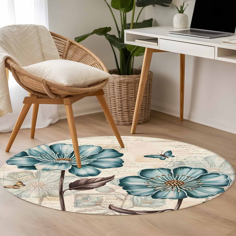 USA RUG / チューリップ柄 Round Rugs 3Ft, Blue Tulip Round Area Rug Washable Indoor Throw