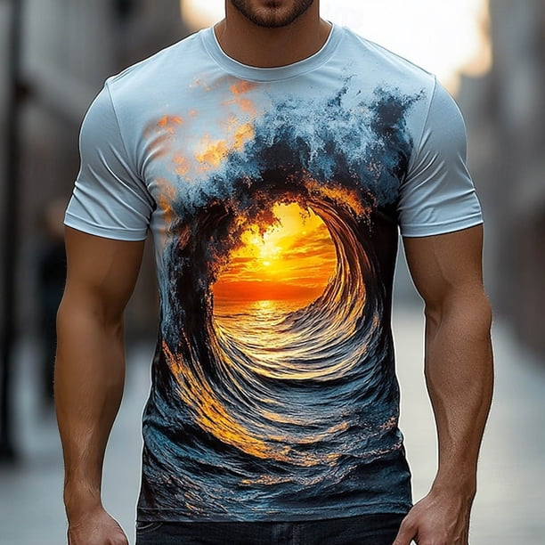 Ceisia Men's Slim Fit Short Sleeve T-Shirt 3D Natural Landscape Print Ocean & Wave Spring Summer Shirt Gift