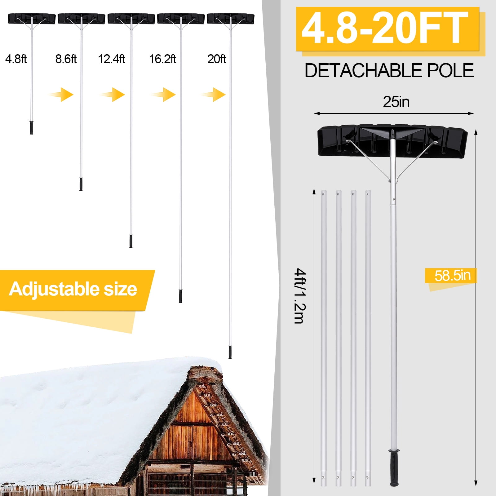 SUGIFT 20ft Snow Roof Rake 25" Plastic Blade Snow Removal Tool for House Roof, , Wet Leaves, Car Snow