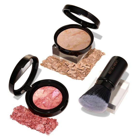 Laura Geller New York Blush-N-Balance Kit de 3 piezas Base correctora de color Baked Balance-N-Brighten Fair Brocha Kabuki retráctil Tonos tropicales Baked Blush-N-Brighten