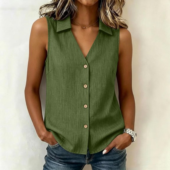 WCJM Summer Lightweight Cotton Linen Blend Sleeveless Collared Tank Top for Women V Neck Wood Button Down Casual Relaxed Fit Breathable Everyday Sleeveless Collared Blouse Vest Shirt