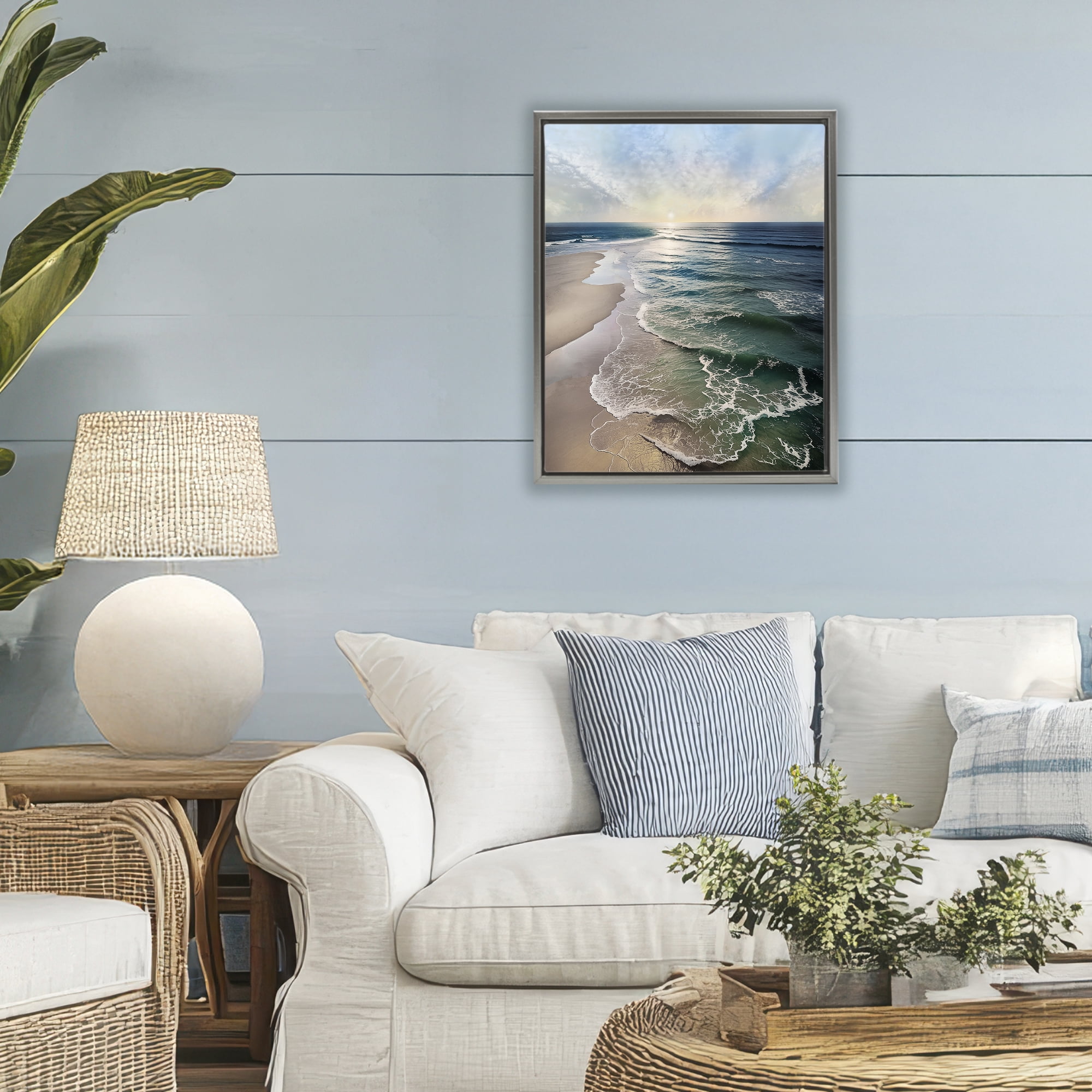 Stupell Industries Tranquil Shoreline with Soft Light Gray Framed Floater Canvas Wall Art, design by Mike Calascibetta