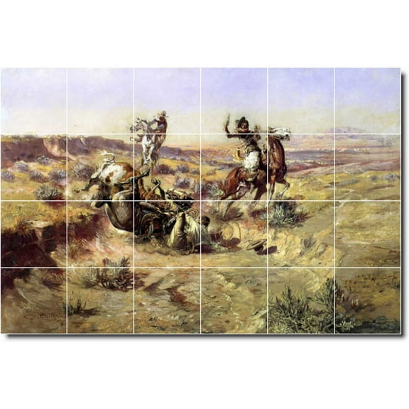 Ceramic Tile Mural-Charles Russell Western Wall Tile Mural 23. 25.5" w x 17" h using (24) 4.25 x 4.25 ceramic tiles