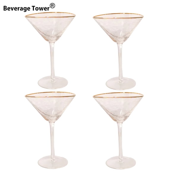 Nordic Luxury Gold Rimmed Hammered Martini Glasses Set of 4, 6.76 oz Stemless Crystal Cocktail Wine Glasses for Home Bar Party