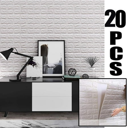 Decorative Wall Art Tiles 20 Pack 3D Brick Wall Sticker Self Adhesive Wall Tiles, Peel to Stick Wall Decorative Panels for Living Room, Bedroom, White ()