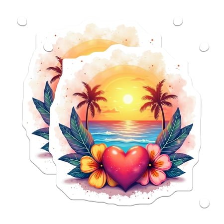 (2 Pack) Tropical Beach Sunset Heart Magnets - Romantic Island Paradise Decor - Vacation Love Symbol Refrigerator - 5 Inches On Longest Side - Thick Durable Magnet - Made in USA - MAG27734