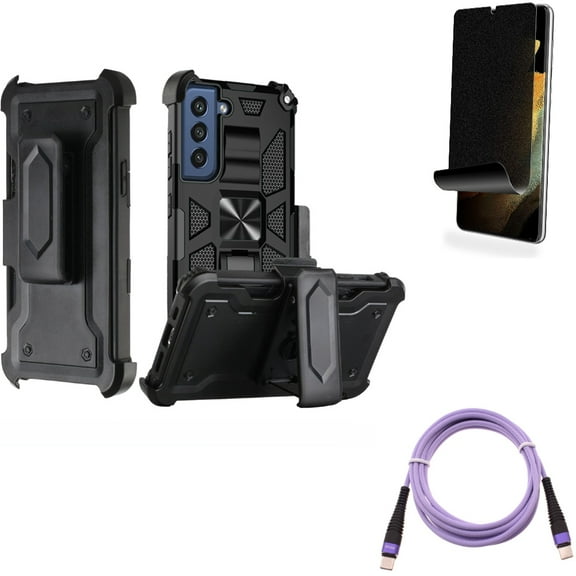 Case Belt Clip & Privacy Screen Protector & Purple 6ft PD Cable for Samsung Galaxy S22 Plus (S22 ) - Combo Holster Swivel Cover & TPU Film (Fingerprint Works) Anti-Peep & Type-C to USB-C Long Charger