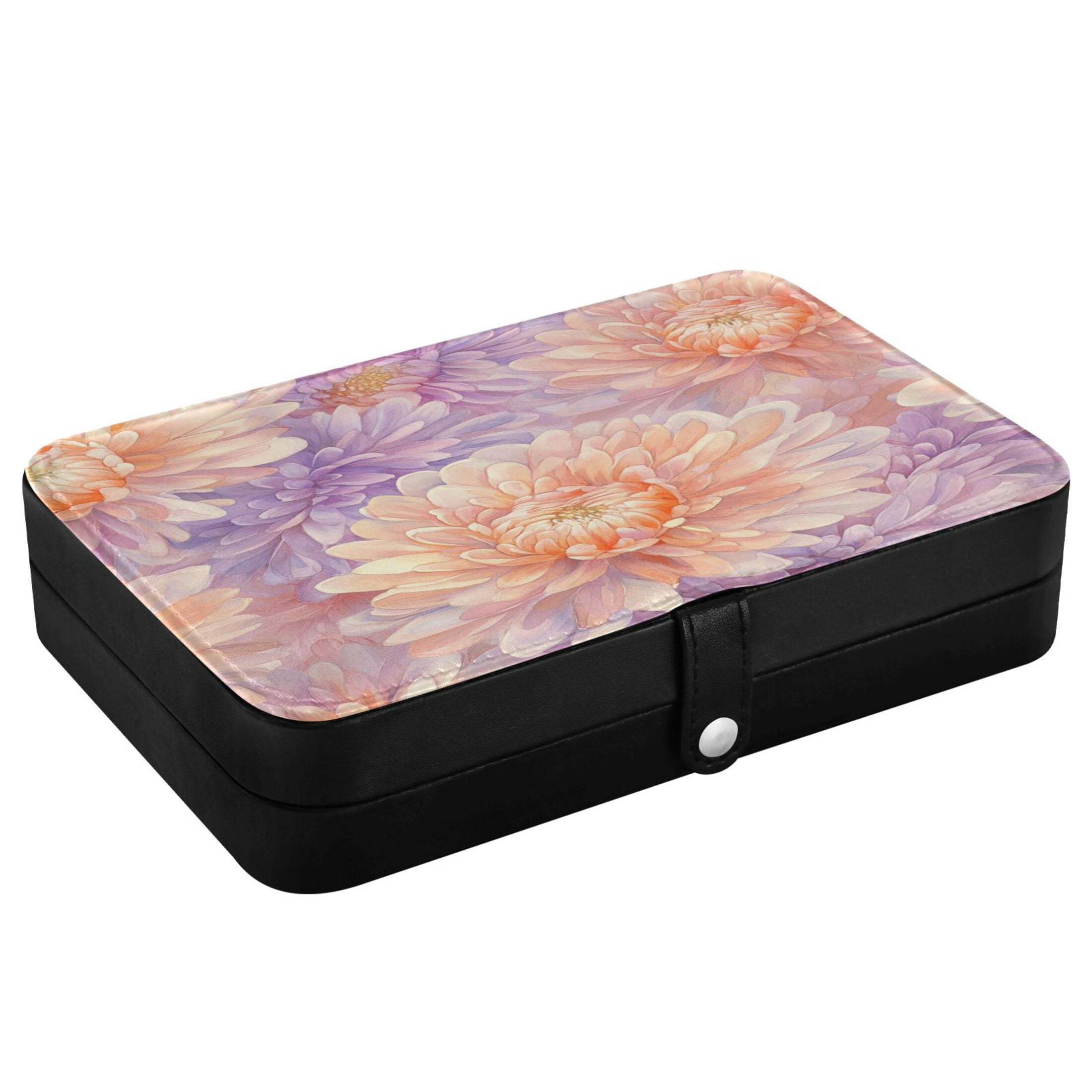 Leather Jewelry Box Rectangular 8.27x5.5x1.78In Travel Jewelry Storage Earrings Necklace Bracelet Watch Brooch Storage Chrysanthemums Cream