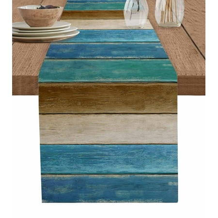 

Vintage Blue Teal Brown Table Runner Farmhouse Wooden Art Retro Tablerunners 13 x 60 Inch Table Decorations Tabletop Scarf for Summer Gathering Holiday Farmhouse Kitchen Dining Decor