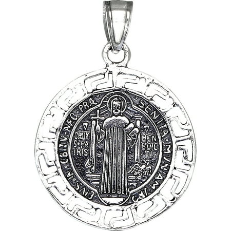 3/4 Inch Circle Charm Necklace - Sterling Silver Saint Benedict Medal Reversible Charm Pendant Necklace Antique Finish with 18 Inch Chain