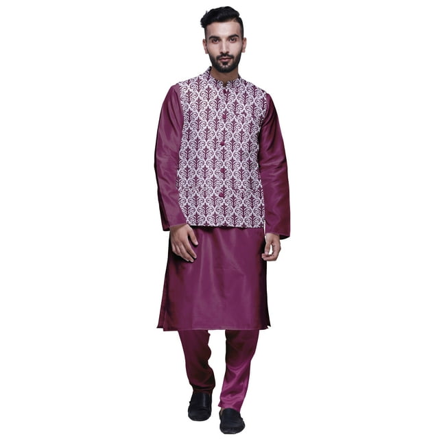Atasi Ensemble Kurta Pyjama en Soie Ethnique Dupion avec Veste Imprimée pour Hommes