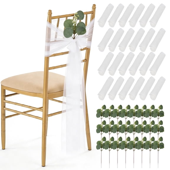 24 Sets White Chair Sashes with Eucalyptus, Wedding Aisle Decorations, Polyester Ribbon for Banquets Receptions Ceremonies, Sheer Chair Cover Decoration for Wedding Reception Party Banquet