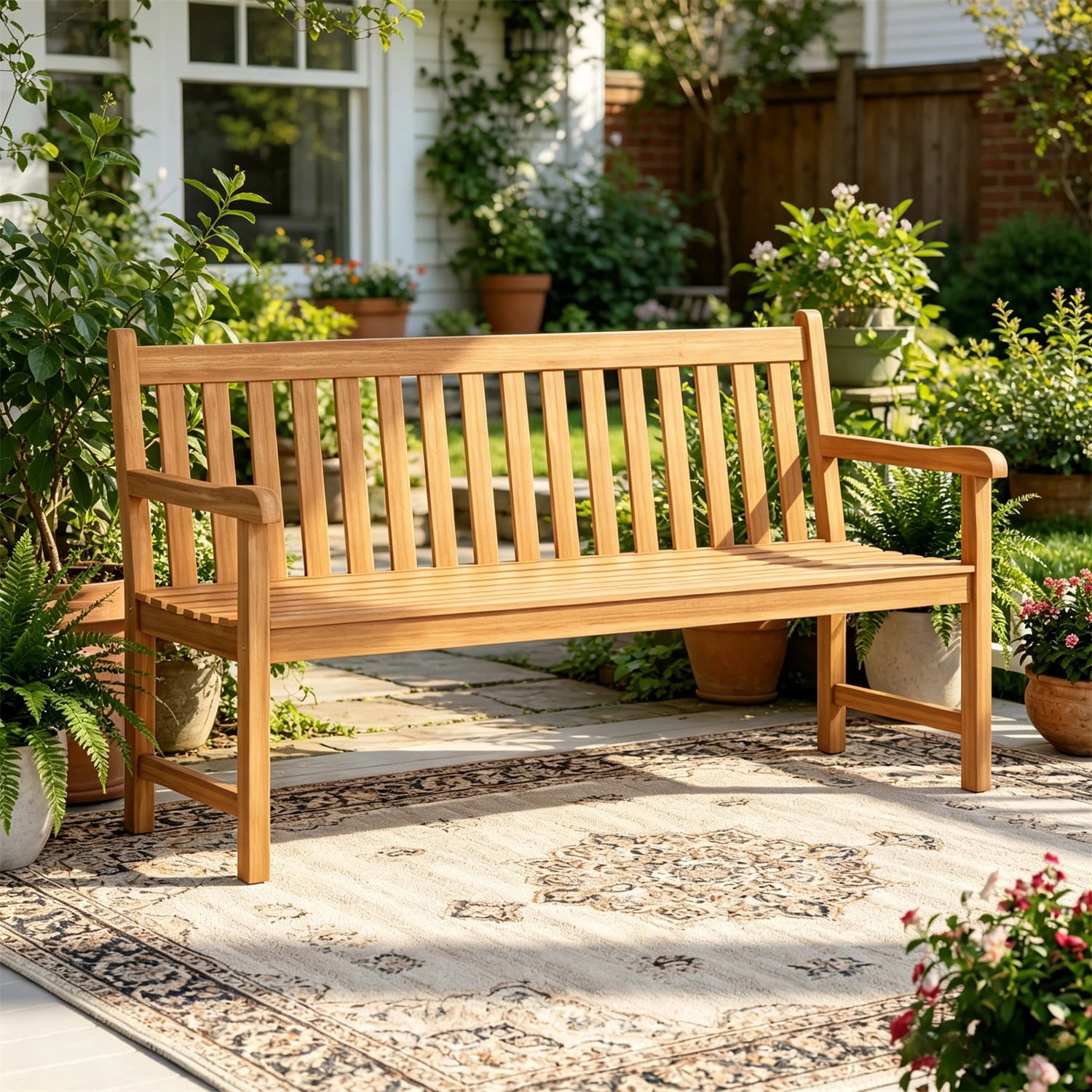 Hommoo 2-Person Patio Teak Wood Bench, Garden Slatted Loveseat Chair Bench Lounge with Armrests and Backrest for Backyard, Natural