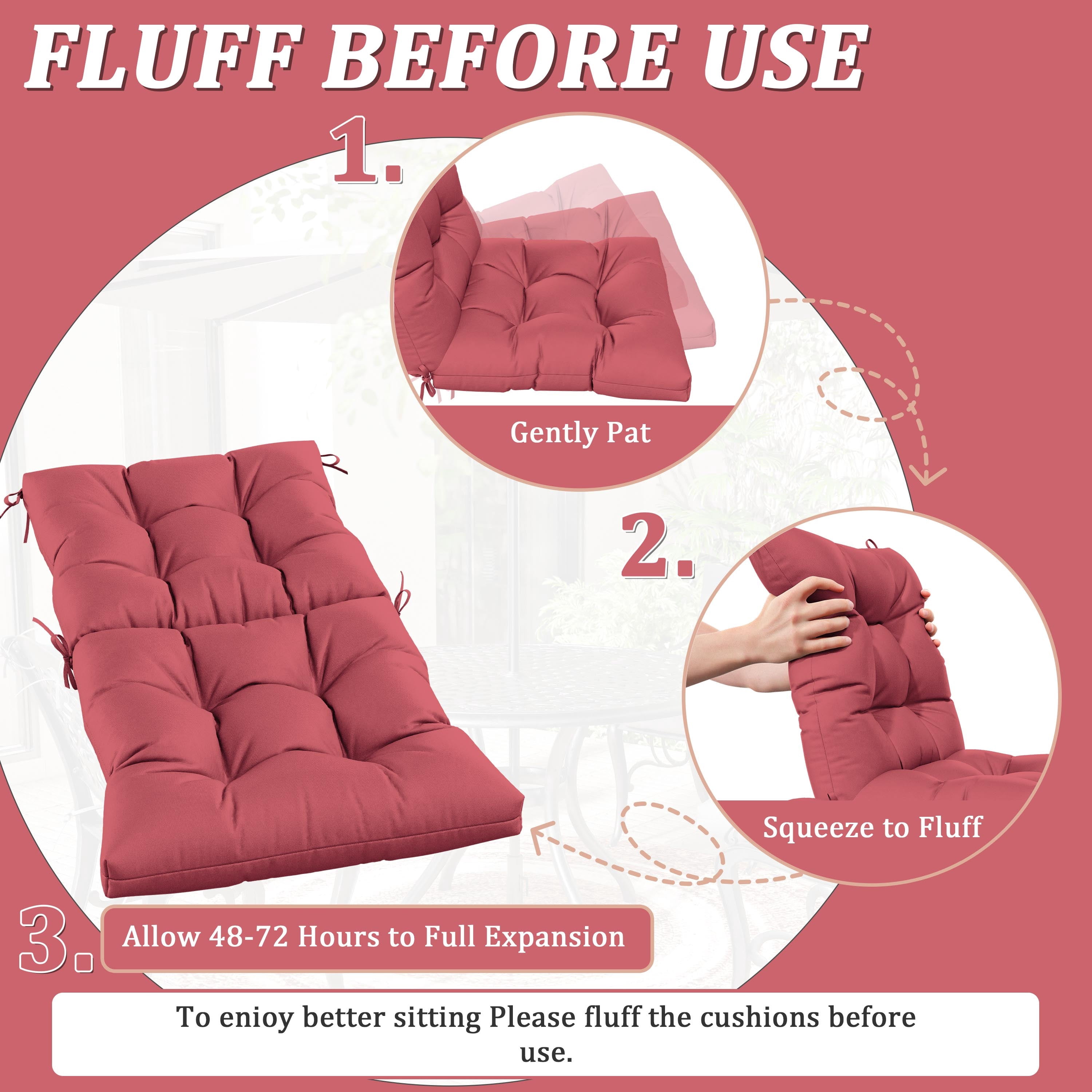 Pakunoda Chairs Cushions 42" X 21" Tufted Non Slip Pad Seat and Seatback 2 Set Cushion with Ties for Patio Outdoor & Indoor Rocking Chair, Fuchsia Red