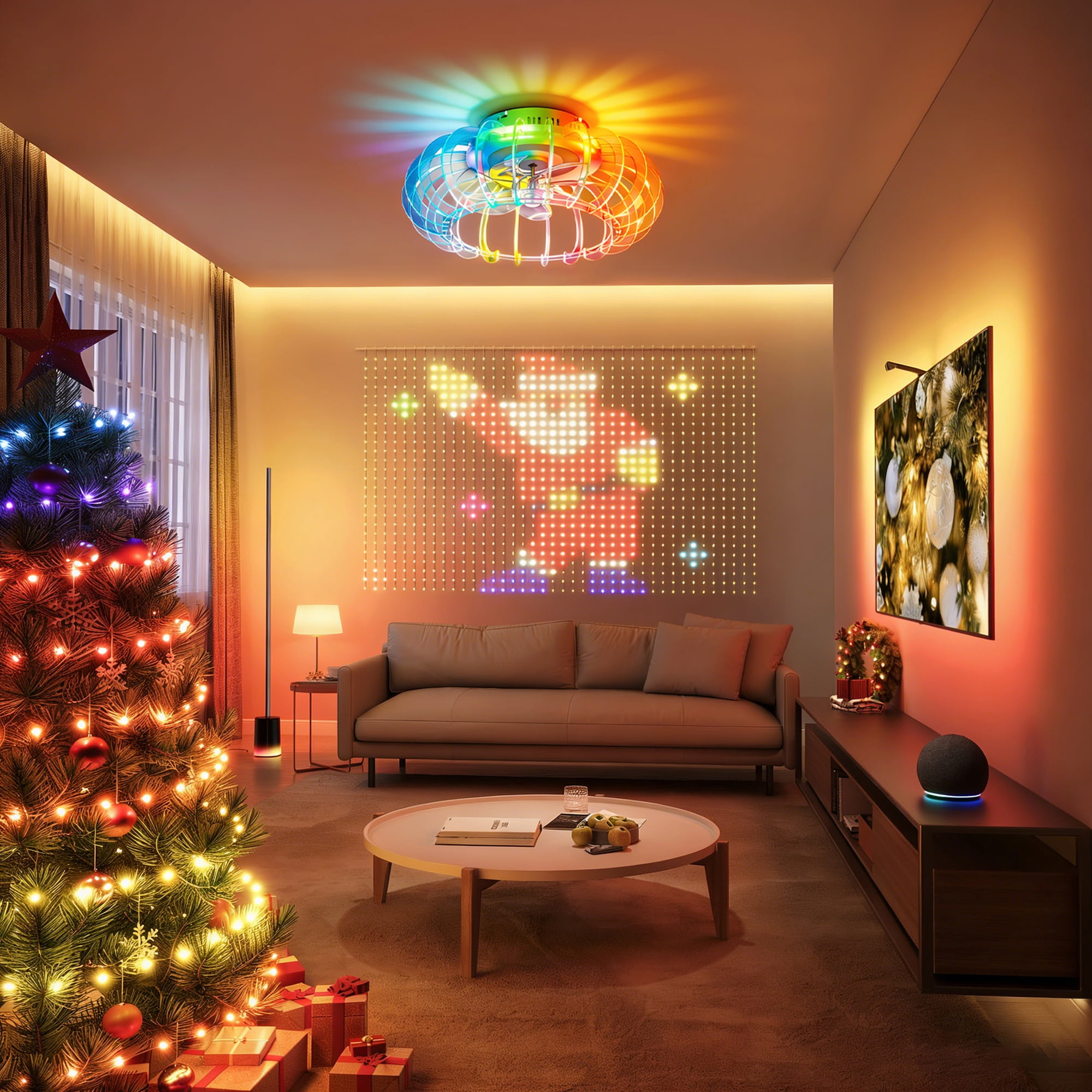21" Low Profile Bladeless Ceiling Fan with Lights Dimmable LED Enclosed Ceiling Fans with Light and Remote 6 Wind Speeds Reversible Ceiling Fan with Bluetooth Speaker for Kids Room Bedroom Party