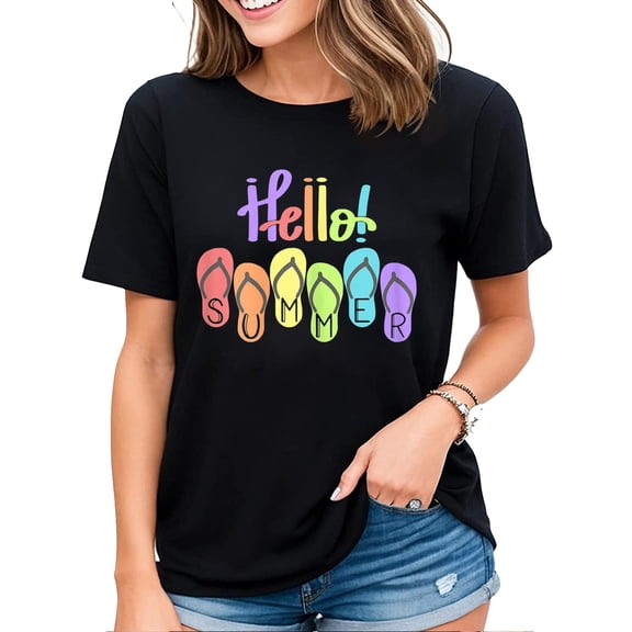 Hello Summer Flip Flops Sunshine Beach Summer Vibes Womens T-Shirt Black 4X-Large