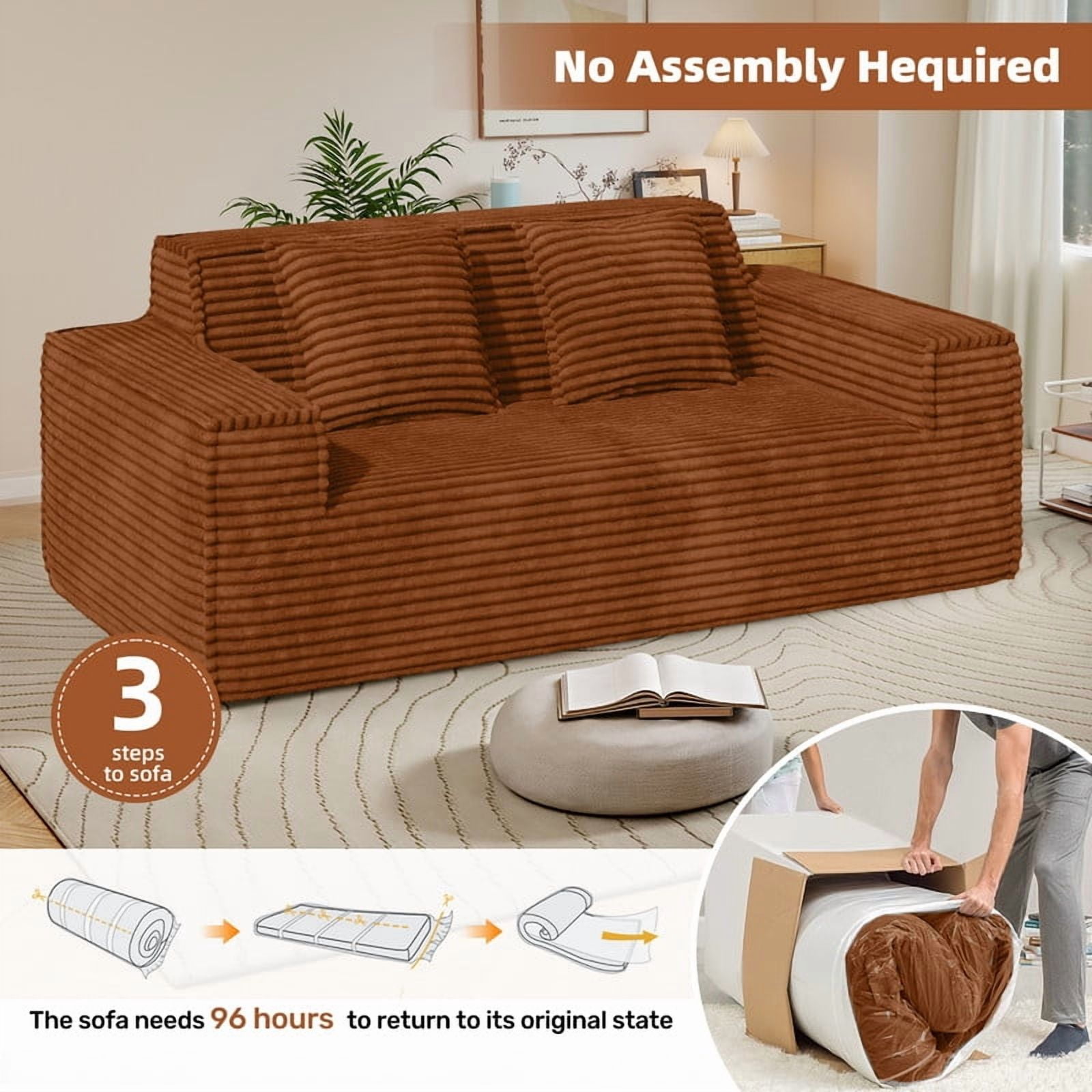Hawsaiy 75" Corduroy Loveseat Sofa with Wide Armrests & Removable Pillows, No Assembly Foam Couch, Vacuum Packed, High-Density Support,Brown