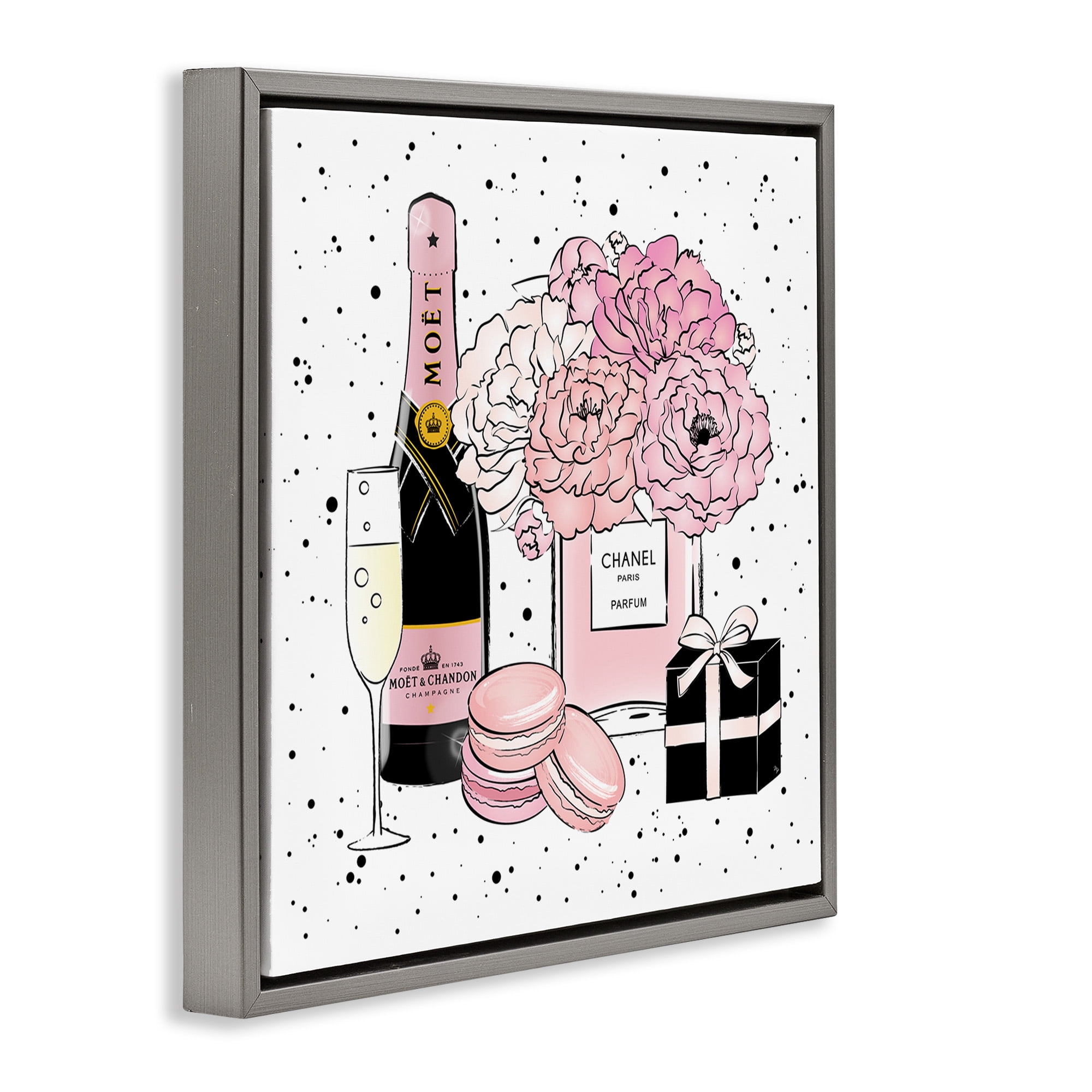 Stupell Industries Pink Glam Celebration Champagne Beauty & Fashion Painting Gray Floater Framed Canvas Art Print Wall Art, 18 x 18