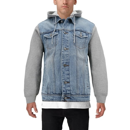 Men's Two Tone Jean And Grey Jersey with Removable Hood Denim Trucker Jacket (Light Blue, L)