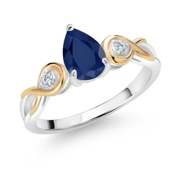 Gem Stone King 925 Sterling Silver and 10K Yellow Gold Blue Sapphire and White Lab Grown Diamond Ring for Women (1.44 Cttw, Pear Shape 8X6MM, Size 9)