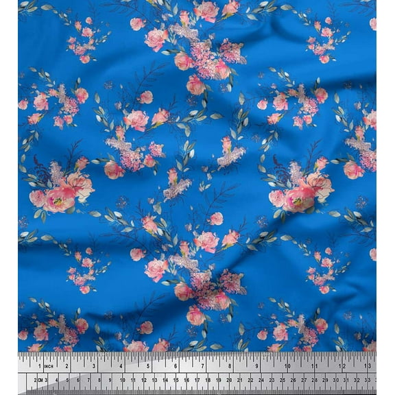 Soimoi Blue Cotton Duck Fabric Roses & Ranunculus Floral Printed Fabric 1 Yard 44 Inch Wide