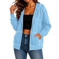 thumbnail image 5 of Vivianyo HD Women's Light Contrast Stitch Zip Up Hooded Sweatshirt, White Drawstring Kangaroo Pocket Long Sleeve Solid Casual Hooded Outer Tops for Women, Women's Light Blue, Sizes S-2XL, 5 of 8