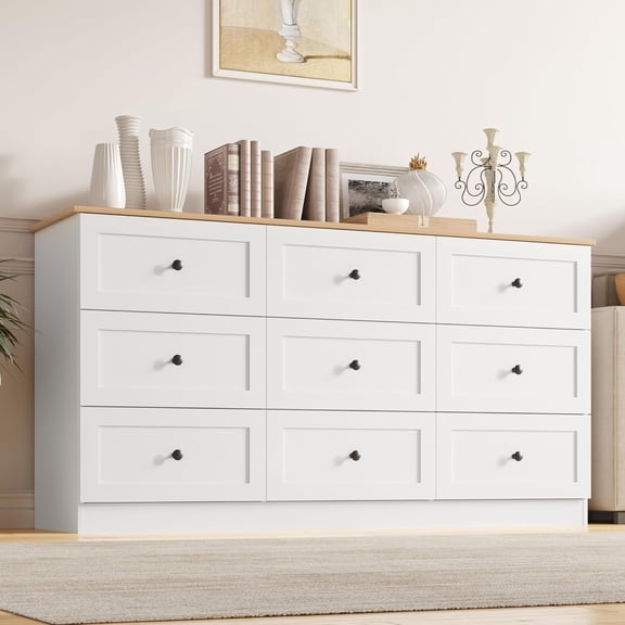 Modern 9 Drawer Dresser for Bedroom, 59" Wide Dresser, Large Chest of Drawers, TV Stand for 65 inch, Storage Organizer with Metal Handles for Bedroom, Living Room, Hallway White