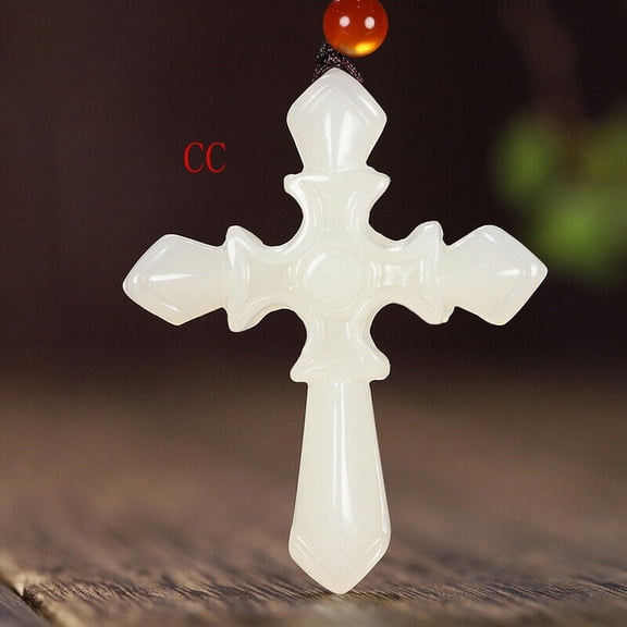 HOOUN Green Jade Cross Pendant Necklace Jadeite Natural Amulet Gifts Jewelry White-White
