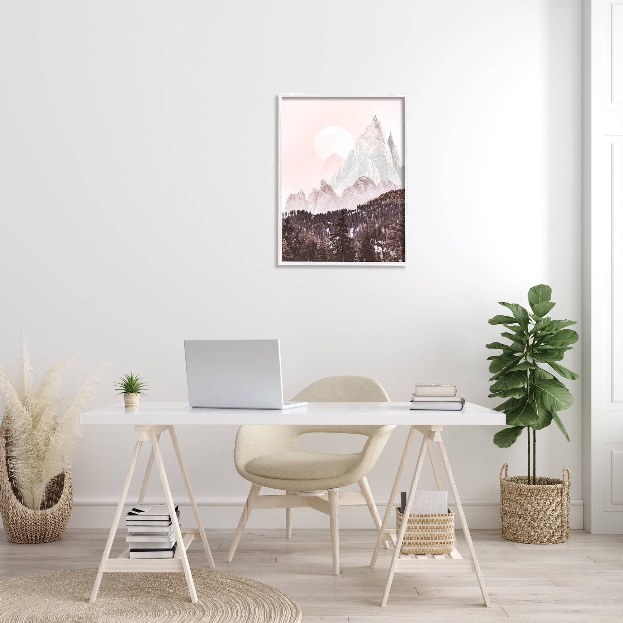 Stupell Industries Mountain Peak Tree Forest Landscape Monochromatic Sun Landscape Photography White Framed Art Print Wall Art, 24 x 30
