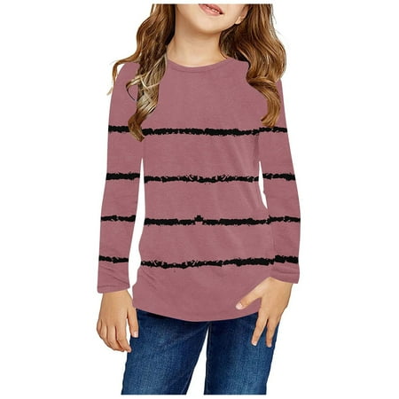 

ATOGUTA T Shirts for Teen Girls Pink Fall Cute Crewneck Basic Tees Long Sleeve Striped Casual Blouse Size 3T-14