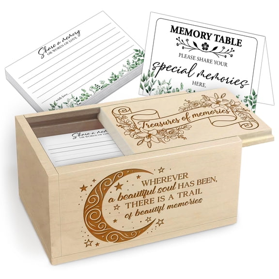 Wooden Memorial Memory Box with Engraved Inspirational Quote – Keepsake Box with 120 Cards and Table Sign for Celebration of Life