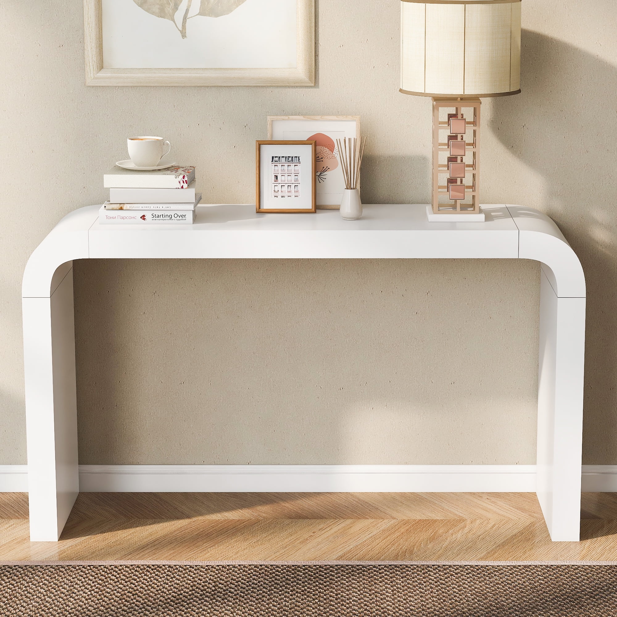 Euroco 55" Long Console Table Sofa Table,Minimalist Acacia Vneer Entryway Table with 2 Legs Suitable for Narrow Spaces and Living Room,White