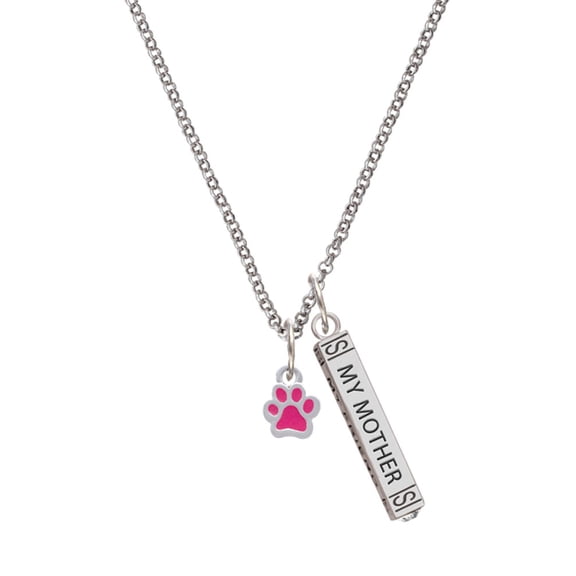 Delight Jewelry Silvertone Mini Translucent Hot Pink Paw Silvertone Always My Mother Bar Charm Necklace, 23"
