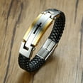 thumbnail image 1 of Braided Leather Bracelet For Men Chunky Bangle Stainless Steel Cross Wristband, 1 of 5