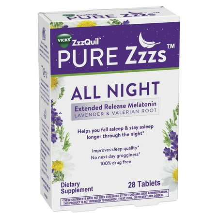 Vicks ZzzQuil Pure Zzzs All Night Extended Release Melatonin Tablets, Dietary Supplement, 28 Ct