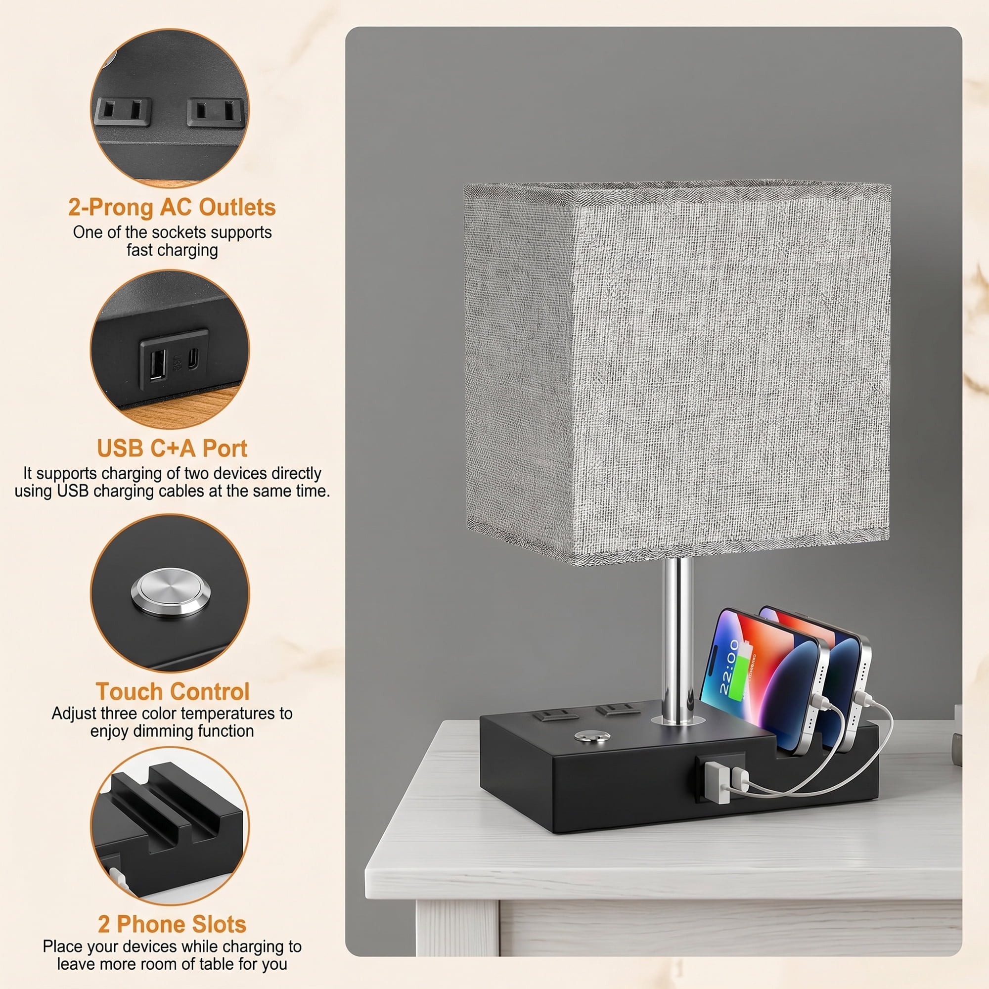DAYBETTER Bedside Table Lamp , Dimmable Table Lamp with Touch Control & USB C+A Charging Ports， 3 Color Temperatures for Bedroom, Living Room, Office