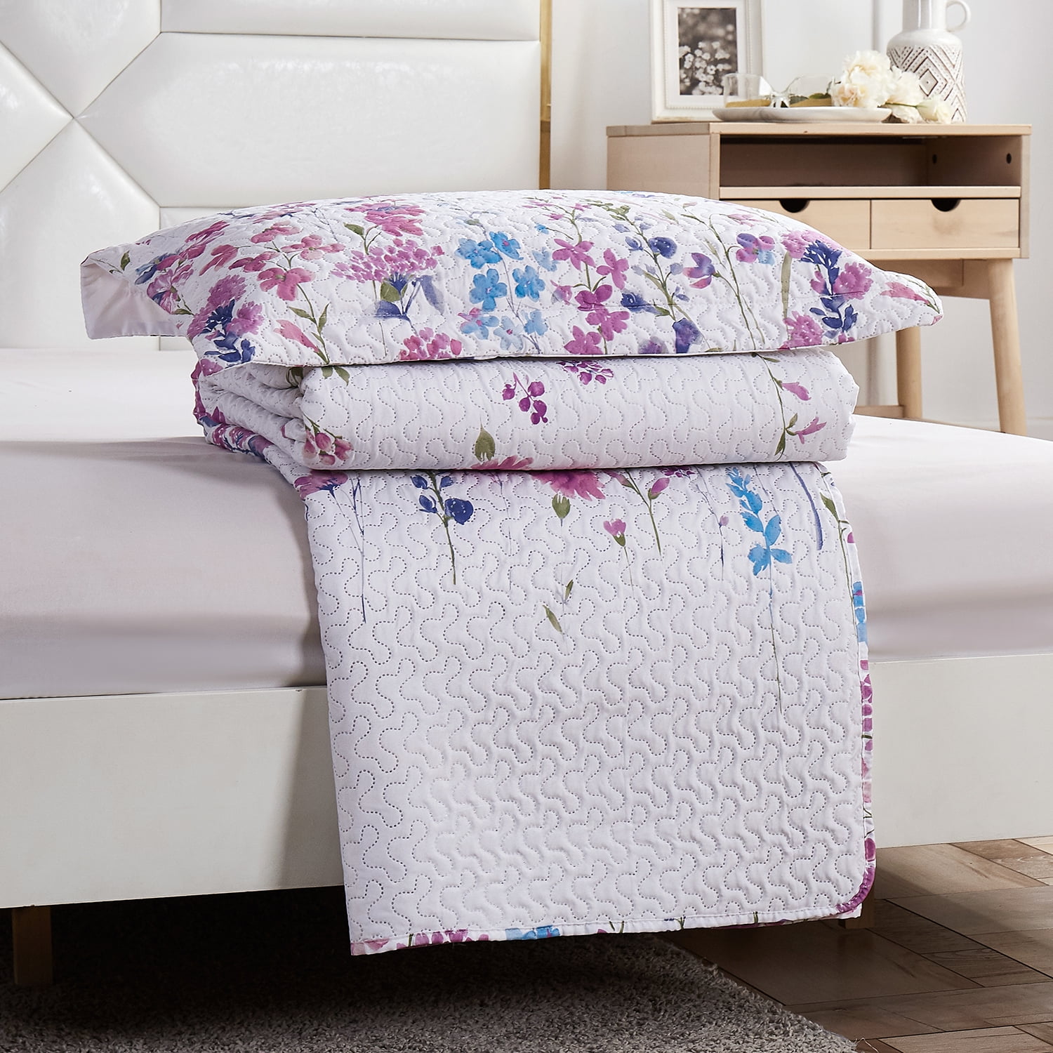 Jessy Home Floral Quilts Queen/Full Purple Lilac Flower Bedding Microfiber Bedspread Set