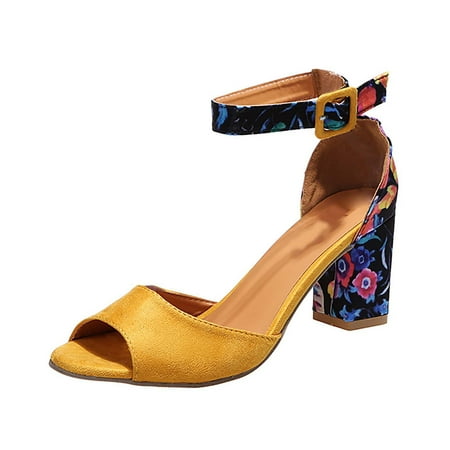 

High Heels for Women Fashion Women Floral Cloth Fish Mouth Toe Buckle High Heels Thick Heel Single Shoes Sandals