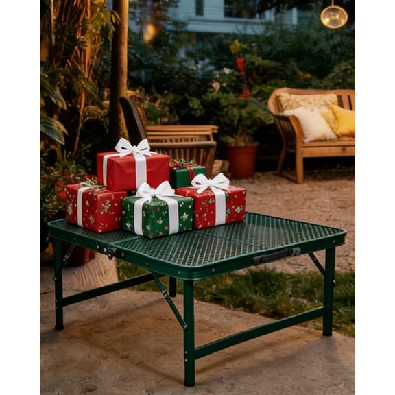 Square Folding Card Table with Adjustable Height (12" & 26"), Green Portable Metal Mesh Table for Camping, BBQ, Picnic, Game,  & Indoor Use, Fits 2–4 People, Lightweight 7.6 lb, Supports 66 lb