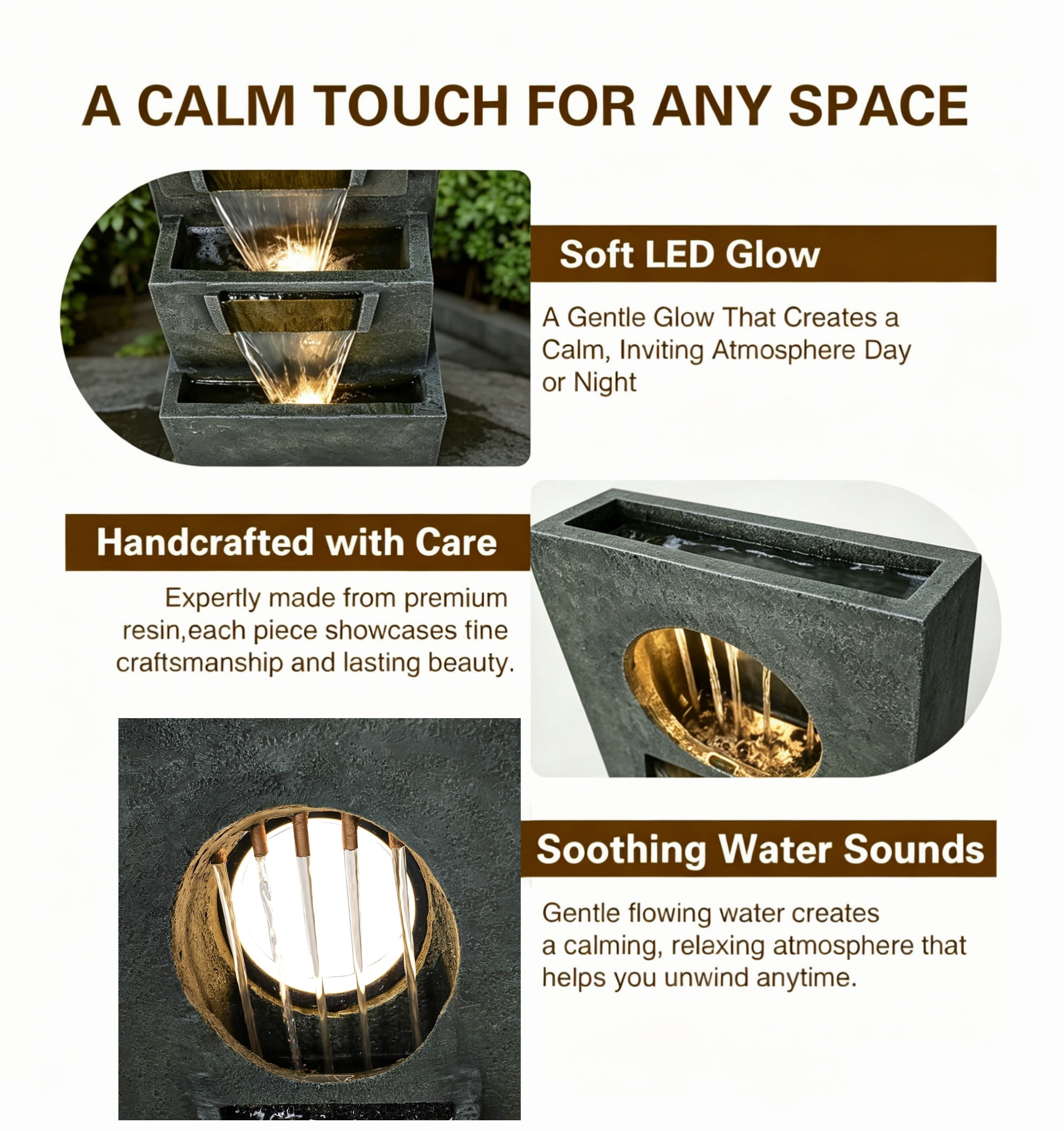 Tammesy Modern 4-Tier 39.3"H Outdoor Waterfall Fountains with Lights Pump, for Patio,Backyard,Deck,Porch and Home Art Garden Decor