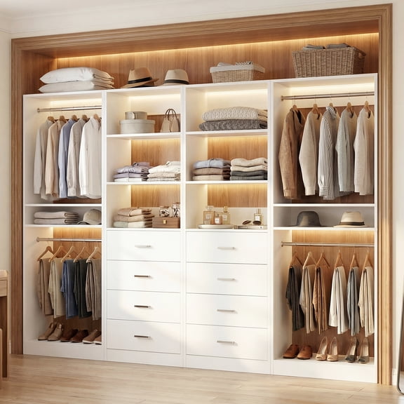 Homieasy 92.6" Closet System with 8 Drawers and 4 Hanging Rods, 4-Piece Walk-In Closet Organizer, Large Capacity Closet Storage System with 15 Shelves for Bedroom, Dressing Room, White