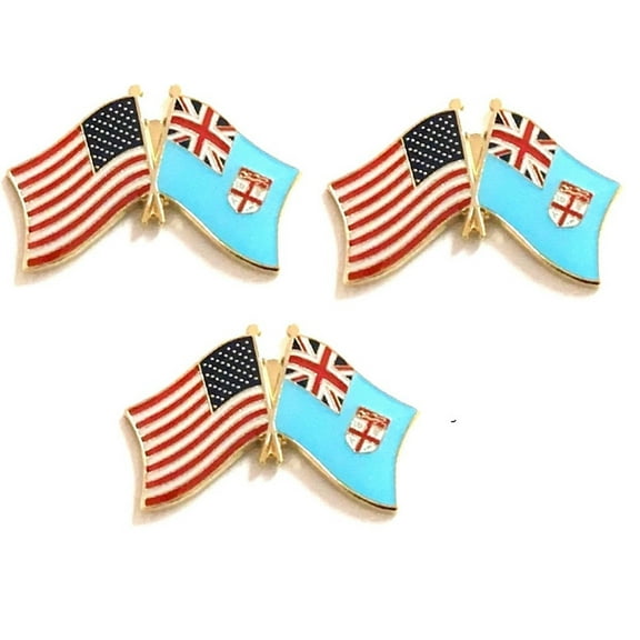 Box of 3 Fiji & US Crossed Flag Lapel Pins, Country & American Double Friendship Tie & Hat Pin Badges
