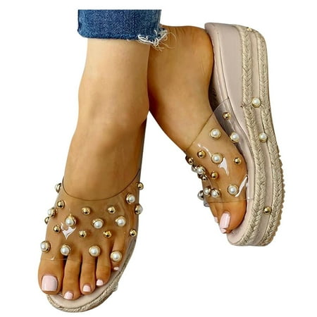 

Pearl Wedge Slides Sandals for Women Espadrilles Flatform Wedges Sandal Summer Open Toe Crystal Sildes Shoes